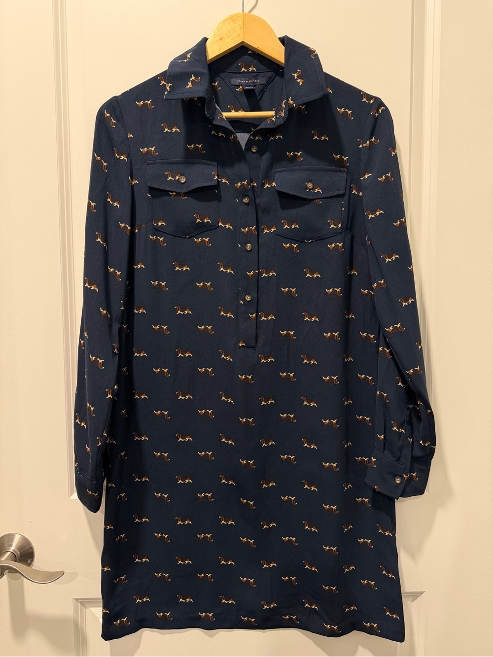 Tommy Hilfiger Dachshund Dog Print Shirt Dress Navy Long Sleeve